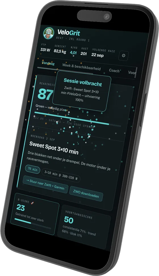 VeloGrit op een telefoon: readiness-score, de training van vandaag en je B-Score.
